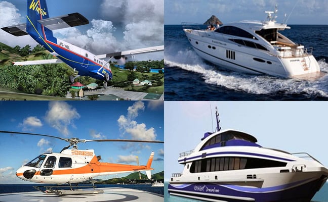 Collage of four luxury transportation vessels: blue and yellow aircraft, white motor yacht in ocean waves, orange and white helicopter, and purple and white